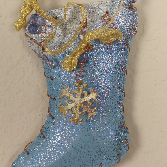 Handmade Blue White 2 Glitter Ornaments Christmas Stocking Metal 5.5" Snowflake - Picture 4 of 11